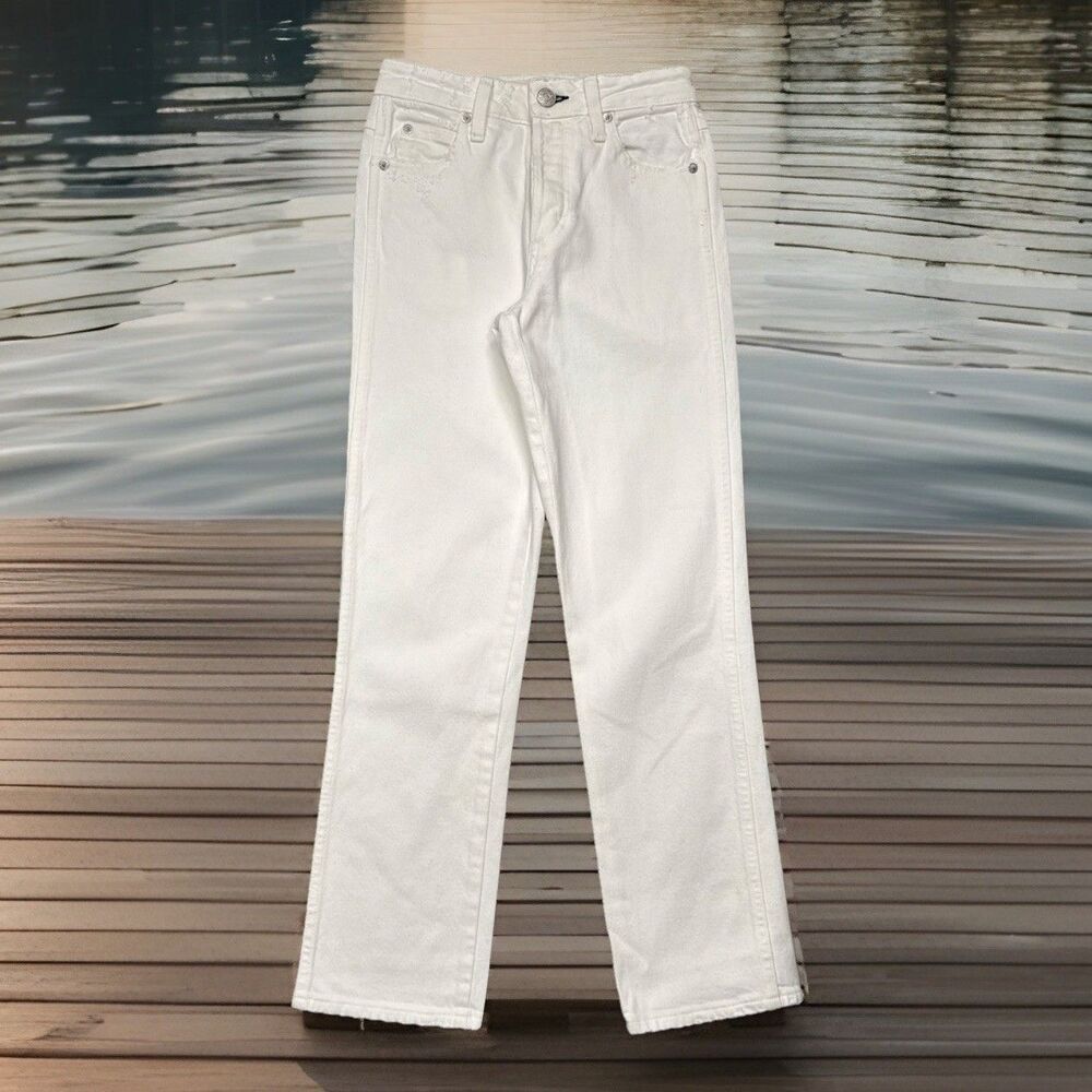 AMO Babe High Waist Crop Ankle Jeans 24 (24x25.5) Sea Salt Distress Denim Womens
